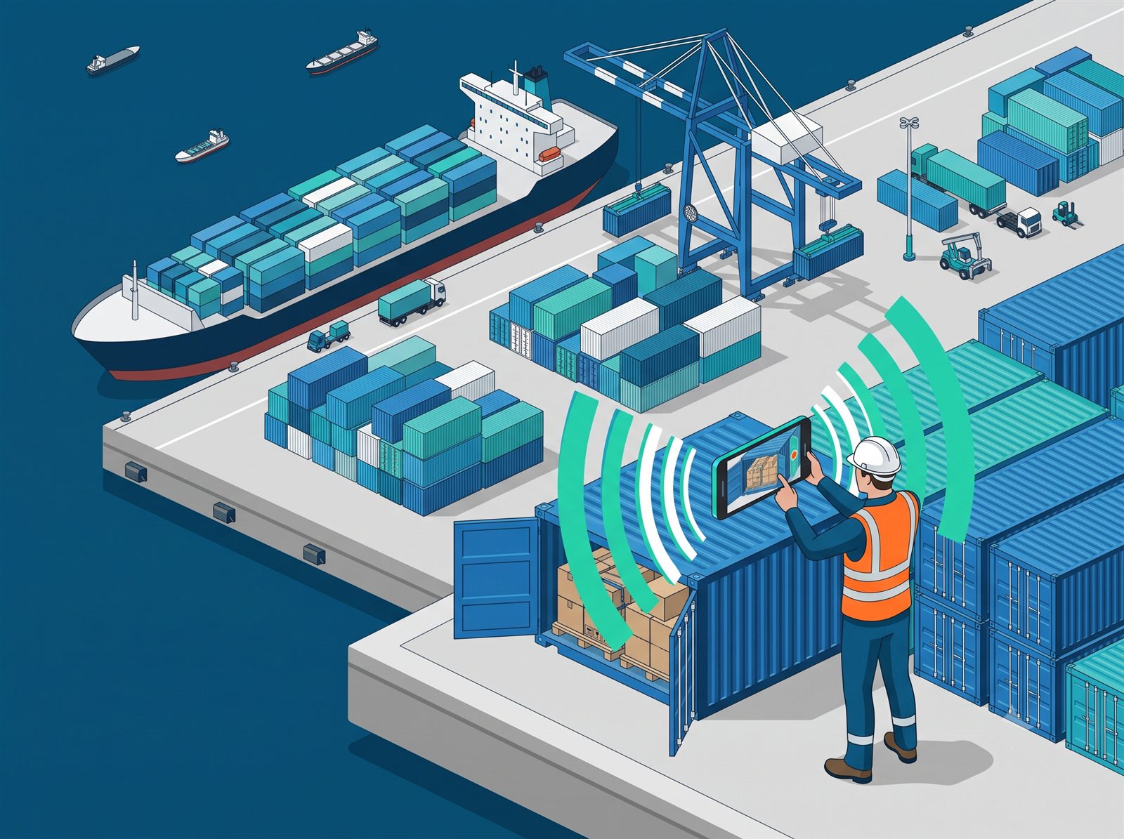 Conferente transmitindo a verificação de um contêiner no terminal portuário